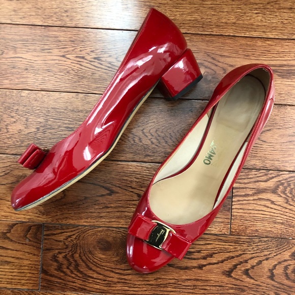 Salvatore Ferragamo Shoes - Patent Ferragamo Vara Flats in Red